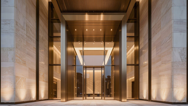 Luxury contemporary hotel entrance combining limestone, glass and dark bronze details.