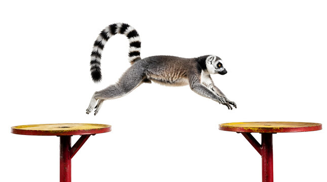 Ring tailed lemur jumping between two raised platforms on a white background