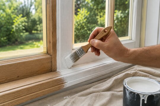 Hand painting a wooden window frame with white paint, representing home improvement, renovation, restoration, decorating and DIY maintenance
