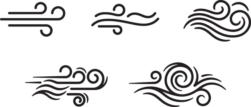 Set of hand drawn wind symbols depicting different air current strengths