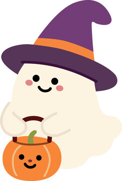 Cute Halloween White Ghost Wearing Witch Hat Holding Pumpkin Lantern