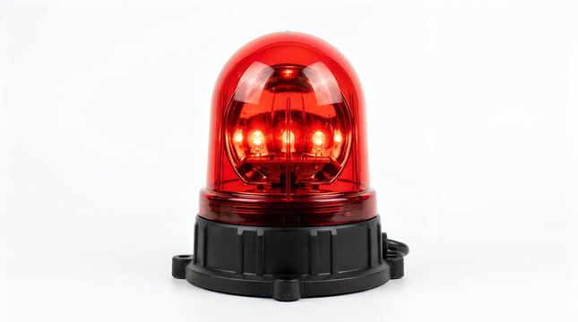 Glowing red emergency beacon light isolated on white background for industrial safety.