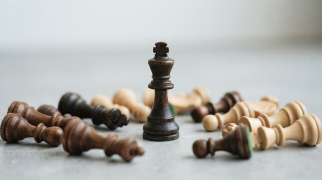 A solitary black chess king stands prominently amidst a scattering of fallen chess pieces on a gray surface.