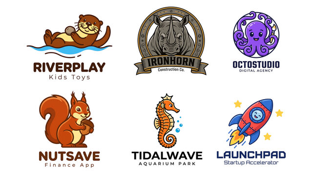 Colorful gaming logos set with squirrel, turtle, tiger, and rocket characters for esports branding