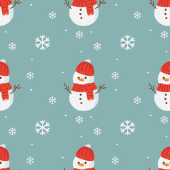Fototapeta premium Cute snowman seamless pattern with snowflakes on light blue background, winter Christmas vector illustration for wallpaper, wrapping paper, or fabric design 