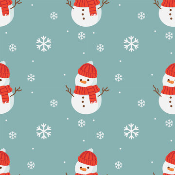 Cute snowman seamless pattern with snowflakes on light blue background, winter Christmas vector illustration for wallpaper, wrapping paper, or fabric design
