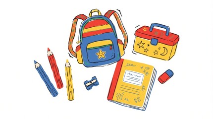 Fototapeta premium Colorful back to school illustration featuring a backpack, lunch box, notebook, pencils, sharpener, and eraser on white background