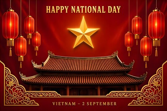 Artistic Vietnam National Day background inspired by Vietnamese traditional architecture, red lanterns, golden decorative motifs, glowing five-pointed star, warm evening lighting, happy Vietnam Nation