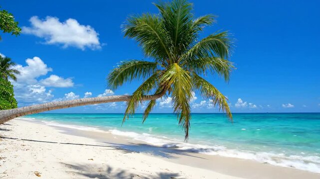 Tropical beach paradise with leaning palm tree and turquoise ocean waves on a sunny day