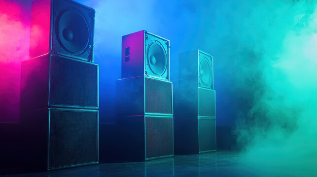 Large speakers illuminated by colorful lights create vibrant atmosphere, enhancing energy of any event