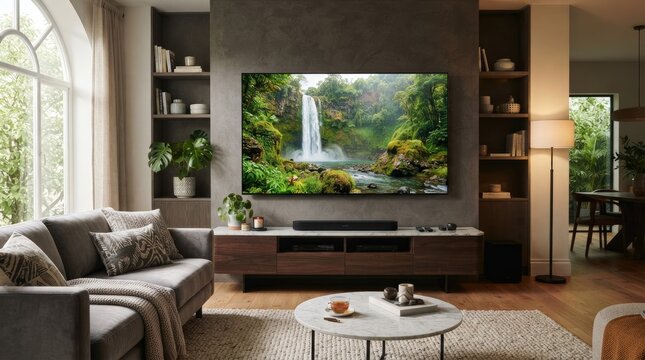 A large Samsung television displays a vibrant image of a waterfall in a lush forest. The TV is mounted on a dark gray wall within a stylish living room.