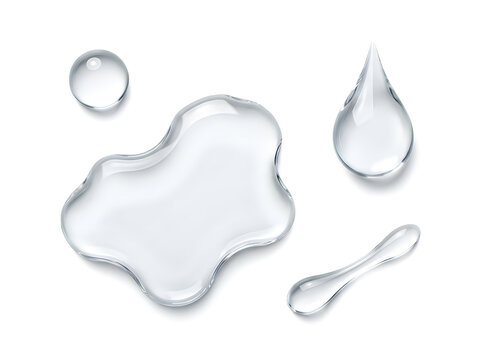 Water droplets and liquid shapes in isolated white background