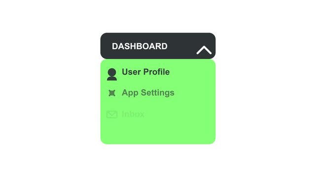 Modern UI UX Animation of a Green Dashboard Dropdown Menu featuring User Profile App Settings and Inbox on White Background