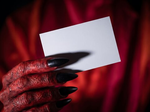 Creepy Red Devil Hand Holding Blank White Paper Business Card