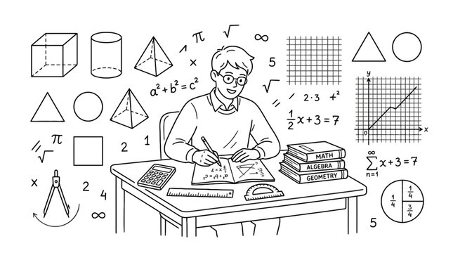 Male teacher solving math equations on chalkboard with geometric shapes and formulas