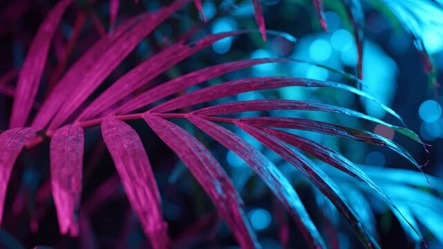 Neon palm leaf background, with vibrant pink, and blue lighting, tropical synthwave aesthetic, for modern motion, and abstract visuals