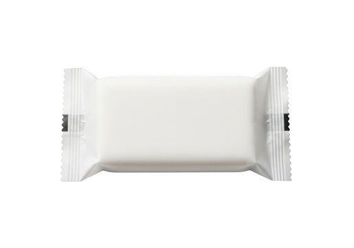 Blank white snack bar packaging mockup, plastic food wrapper on white background, realistic candy bar foil pouch for branding