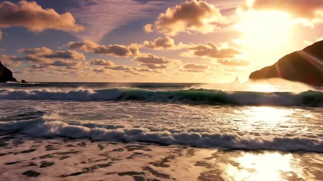 Sunset Serenity: A breathtaking ocean sunset paints the sky with vibrant hues as gentle waves kiss the sandy shore, creating a tranquil and picturesque seascape.
