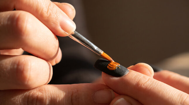 Nail art design process featuring a close-up of a hand painting a pumpkin on a black nail for Halloween-themed manicure in a well-lit indoor setting