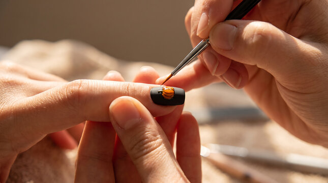 Nail art design featuring Halloween theme with black polish and orange pumpkin detail being applied by a technician in a well-lit salon setting
