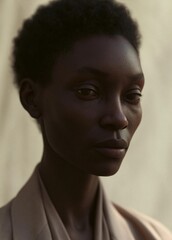 Fototapeta premium Close-up portrait of a young african-american woman's face. she appears to be in her late twenties or early thirties, with short, dark hair styled in an afro.