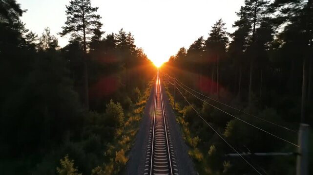 Train Tracks Towards Sunset: A captivating perspective of a railway track receding into the distance, framed by a dense forest on either side, with the golden sun setting ablaze on the horizon.