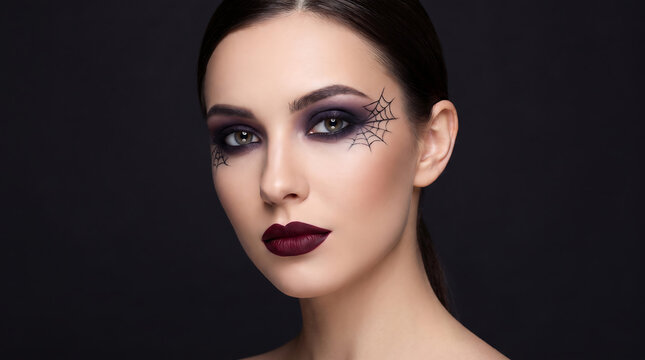 Female model with dramatic Halloween makeup featuring spider web designs around the eyes and dark lipstick against a black background for beauty and fashion themes