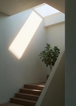 Corner of a room with a skylight above a wooden staircase. the walls are painted white and the floor is made of light-colored wood.
