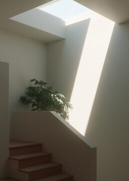 Modern staircase with a skylight above it. the staircase is made of light-colored wood and has a white railing on one side.