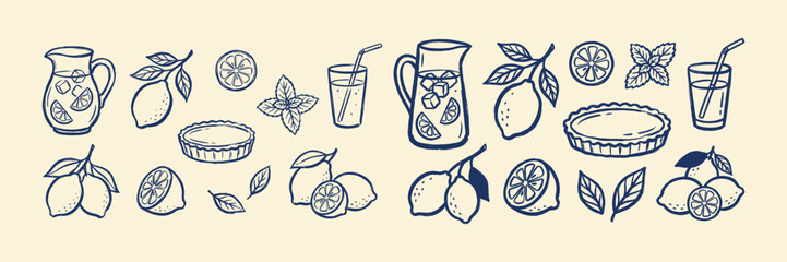Hand drawn lemon and fresh lemonade doodle set. Sketch citrus fruit, mint leaf, summer cold drink and sweet tart outline vector. © FreelancerHasin