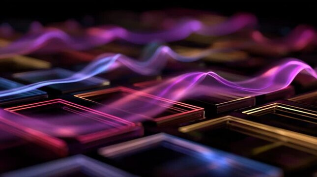 Close up perspective of silicon microchip wafer array with glowing magenta and cyan energy wave streams during precision semiconductor manufacturing process (AI Generated)