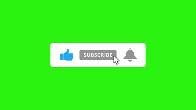 Social media Subscribe button animation with Like icon and Notification Bell on green screen.