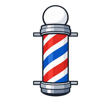 A classic barber pole illustration with red, white, and blue stripes on a white background.