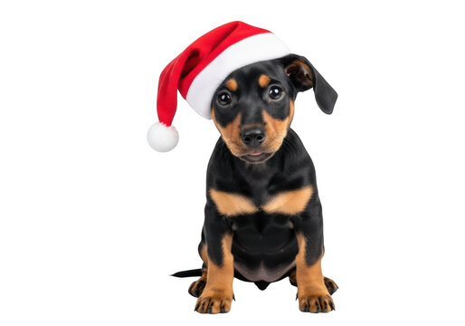 Adorable Christmas puppy wearing Santa hat, miniature pinscher dog in festive holiday costume, cute pet on white background