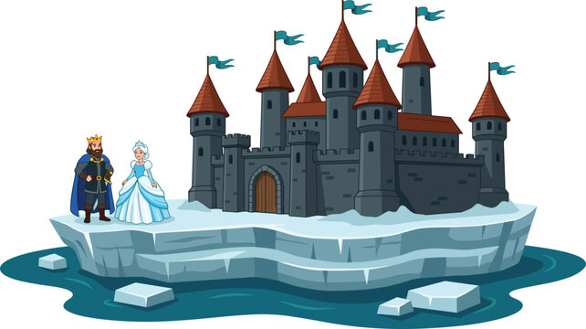 Fairy tale ice castle vector illustration featuring a stone fortress with towers king and queen characters on an iceberg isolated on white background