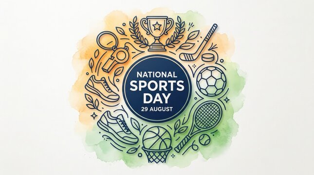 National Sports Day 29 August watercolor circular badge with sports equipment icons