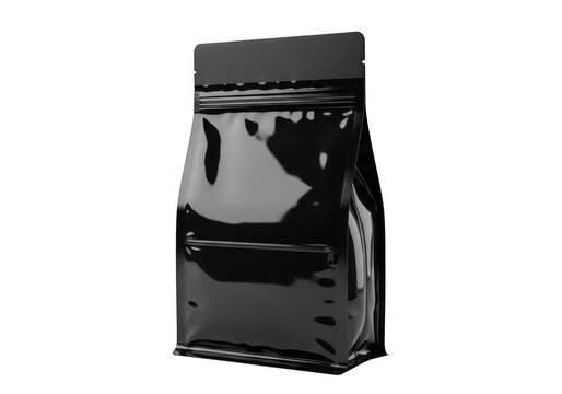 Glossy black coffee bag mockup, standing foil pouch for food packaging, blank plastic zipper bag for retail branding