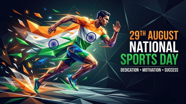 29th August National Sports Day low poly style male sprinter in Indian tricolor