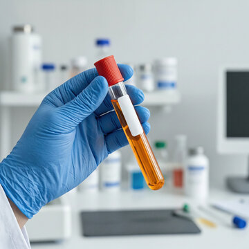 Hand in blue medical glove holding glass test tube with liquid