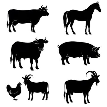 Black and white silhouettes of various cows in different poses.