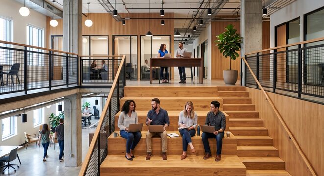 Multi-level modern office interior with wooden bleacher seating, mezzanine walkway, glass meeting booths, and remote working professionals.