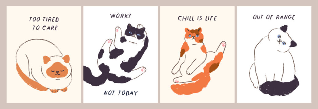Cute cats, poster background designs. Cute animals posters set. Doodle drawings, cats on vector graphic backgrounds, funny lovely kitty characters. Vertical hand-drawn designs. Vector illustrations.