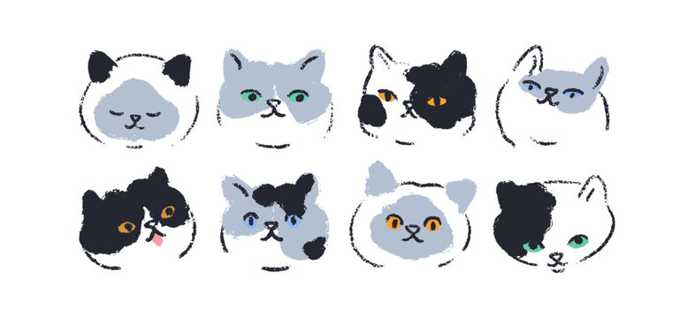 Cute cat faces, doodle animal heads, vector set. Doodle cat characters, kitty pet heads, line drawing. Cute pet animals, funny happy kittens sketches. Vector illustration isolated on white background.