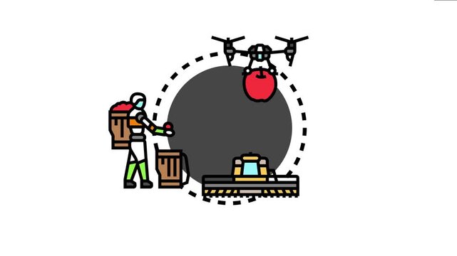 Smart agriculture drone scanning an area for the optimal harvesting point, with a farmer collecting apples and a futuristic farm machinery preparing for efficient crop gathering