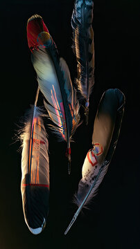 Vertical arrangement of colorful bird feathers on black background