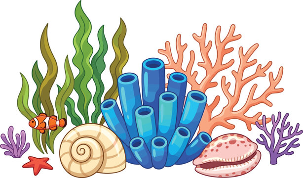 Vibrant underwater coral reef vector illustration featuring blue tube sponge orange branches sea anemone seaweed seashells and clownfish isolated on white background