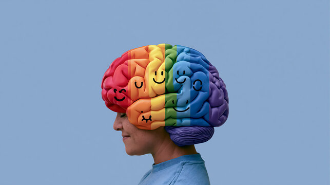 young person with vivid rainbow colored digital brain overlay on head standing against light blue background representing creativity and intelligence