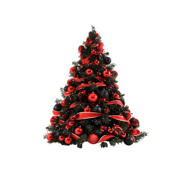 A lush Christmas tree decorated with red and black toys on a white background.