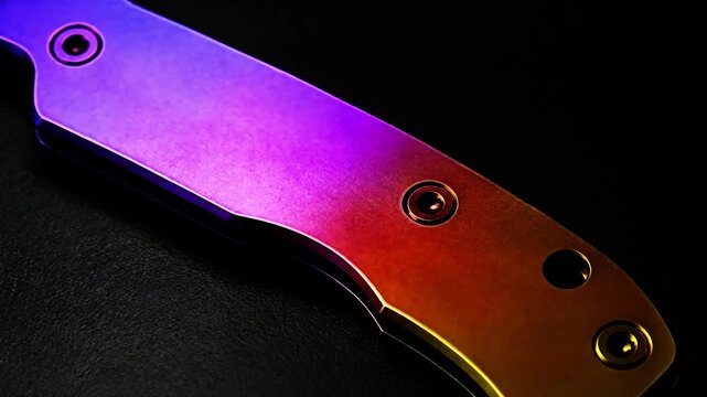 Macro anodized titanium surface, smooth opaque metallic surface, iridescent purple to gold color shift, static, dark background