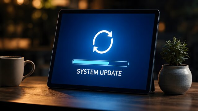 Digital tablet displaying a system update progress bar on the screen during routine software maintenance